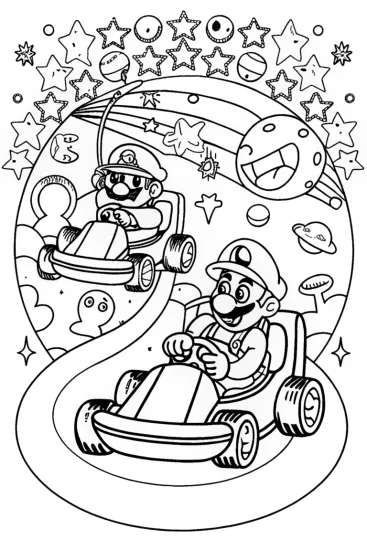 A coloring page of Mario and Luigi’s Galactic Race Coloring Page