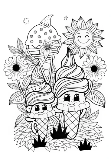 A coloring page of Ice Cream Garden Adventure Coloring Page