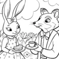 Rabbit and Fox Tea Party Coloring Page