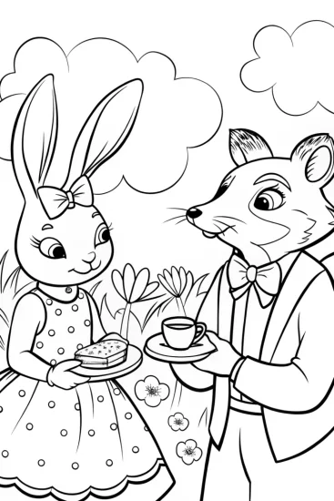 A coloring page of Rabbit and Fox Tea Party Coloring Page