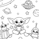 Baby Yoda’s Cosmic Tea Party Coloring Page