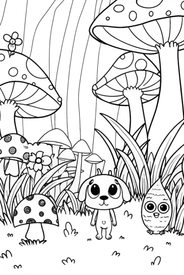 A coloring page of Puppy Adventurer in a Fantasy Forest Coloring Page