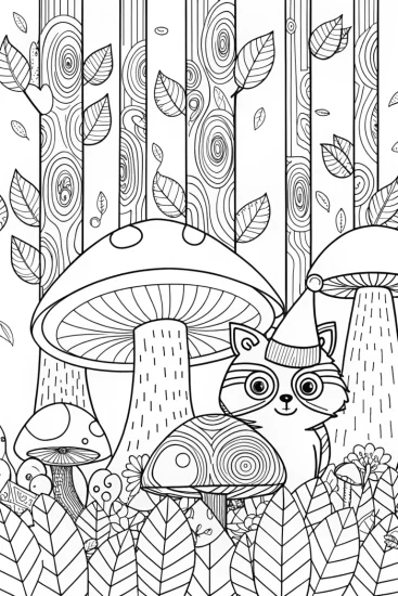 A coloring page of Autumn Adventure with the Mischievous Raccoon