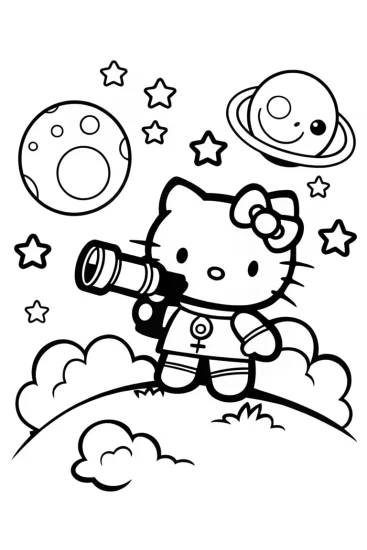 A coloring page of Hello Kitty explores the starry cosmos