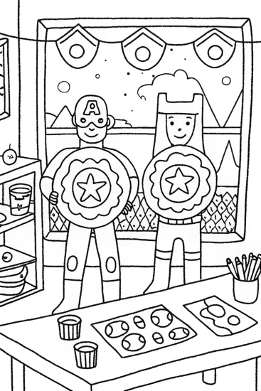 A coloring page of Captain America’s Shield Craft Workshop Coloring Page