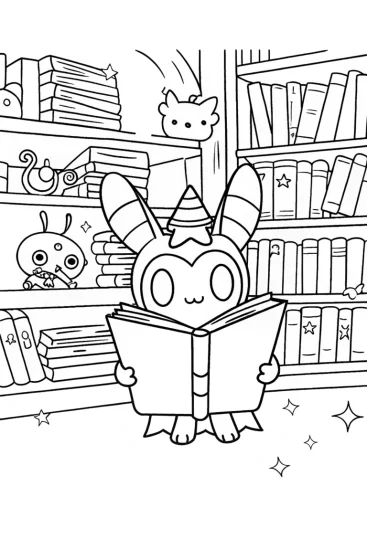 A coloring page of Kuromi’s Adventure in the Enchanted Library Coloring Page