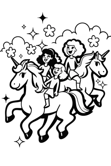 A coloring page of Rainbow High Students Riding Unicorns Coloring Page