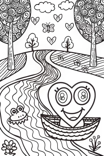 A coloring page of Heartful River Adventure Coloring Page