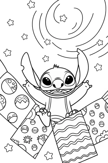 A coloring page of Stitch’s Galactic Quilt Adventure Coloring Page