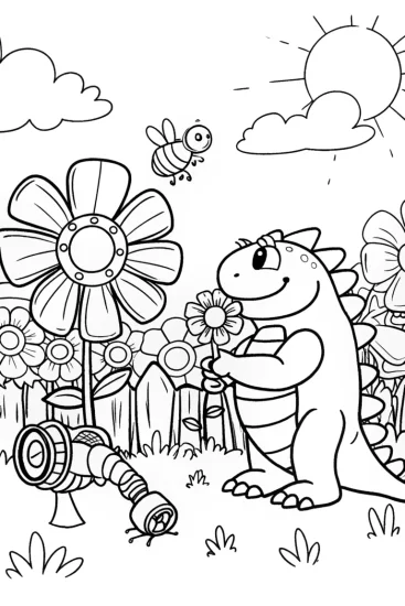 A coloring page of Godzilla’s Gigantic Gadget Garden Coloring Page