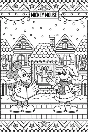 A coloring page of Mickey Mouse Christmas Caroling Adventure Coloring Page