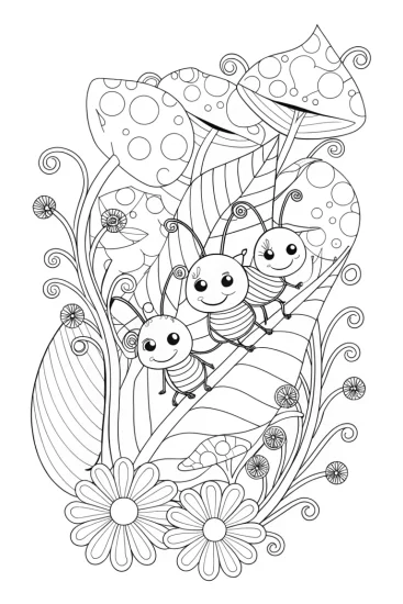 A coloring page of Adventurous Ants on a Leaf Coloring Page