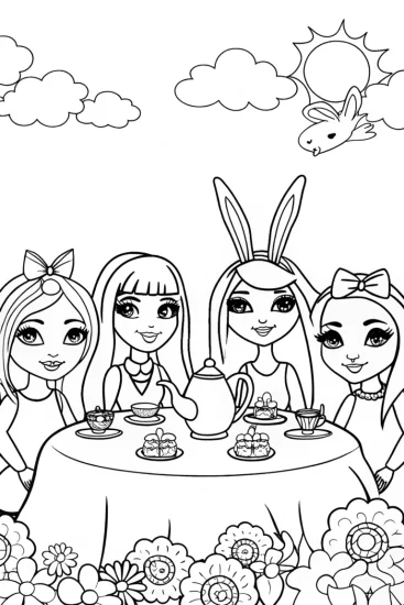 A coloring page of Rainbow High Garden Tea Party Coloring Page