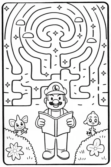 A coloring page of Luigi’s Grand Adventure in the Enchanted Maze Coloring Page