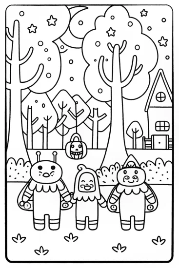 A coloring page of Happy Monsters Halloween Coloring Page