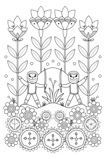 A coloring page of Ninja Garden Duel Coloring Page
