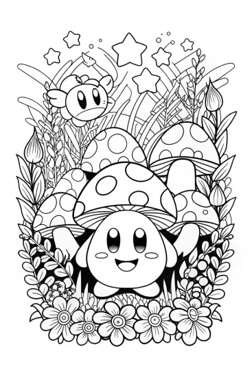A coloring page of Kirby in the Enchanted Garden Coloring Page