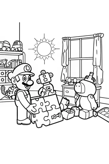 A coloring page of Mario’s Toy Workshop Adventure Coloring Page