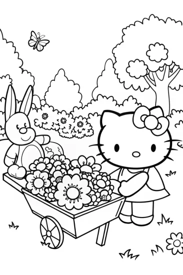 A coloring page of Hello Kitty’s Magical Flower Cart Coloring Page