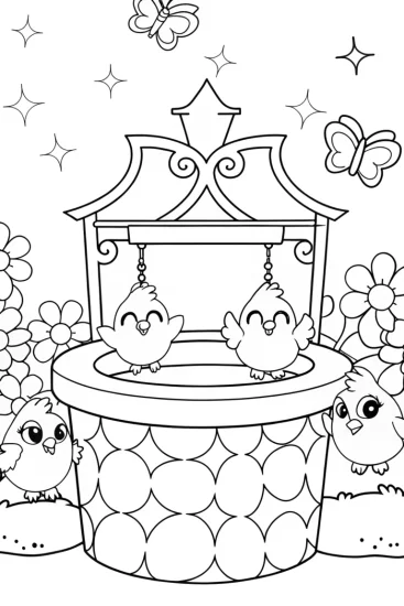 A coloring page of Chickens in a Garden of Wishes Coloring Page