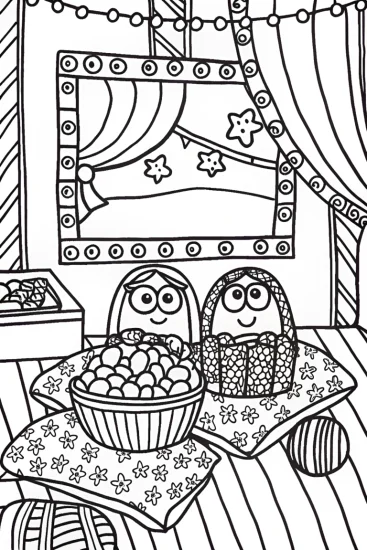 A coloring page of Bluey and Bingo’s Magical Movie Night Coloring Page