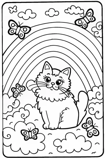 A coloring page of Flicker the Cat Under the Enchanted Rainbow Coloring Page