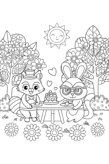 A coloring page of The Quirky Tea Party of the Woodland Friends
