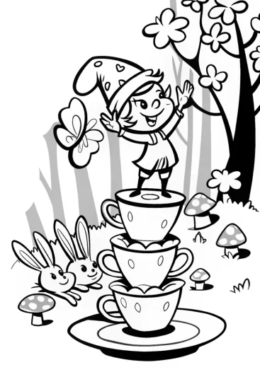 A coloring page of Pippin the Gnome’s Magical Tea Tower Coloring Page