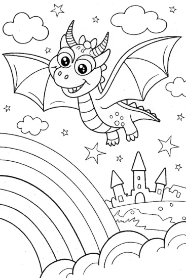 A coloring page of Friendly Dragon and Rainbow Coloring Page