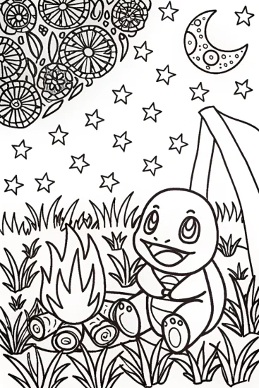 A coloring page of Charmander’s Campfire Storytelling Coloring Page