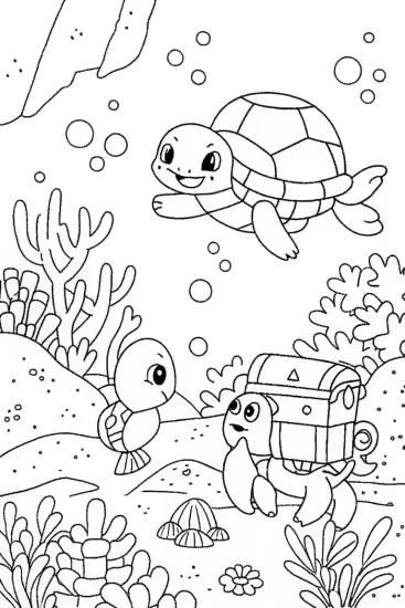 A coloring page of Squirtle and Lapras Underwater Adventure Coloring Page