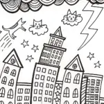 Whimsical City Coloring Page with Dancing Animals