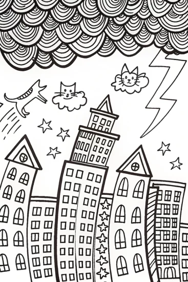 A coloring page of Whimsical City Coloring Page with Dancing Animals