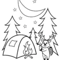 Happy Raccoon and Deer Camping Coloring Page