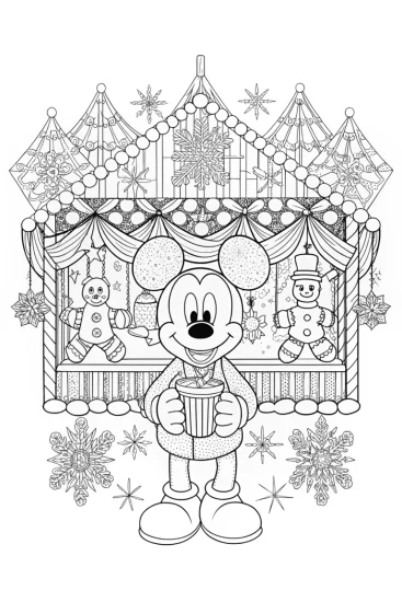 A coloring page of Mickey Mouse’s Magical Christmas Market Adventure