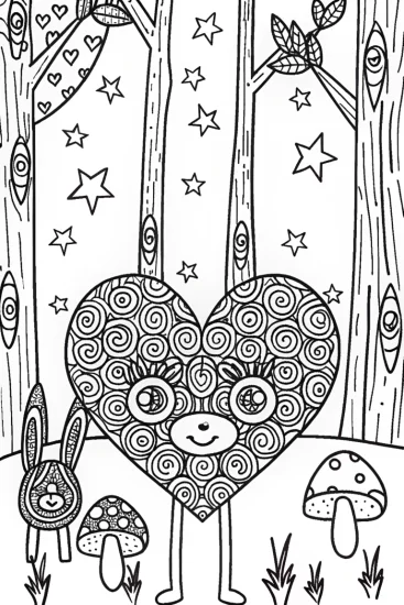 A coloring page of Heartfelt Adventure in the Enchanted Forest Coloring Page
