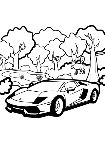 A coloring page of Lamborghini Adventure in the Forest Coloring Page