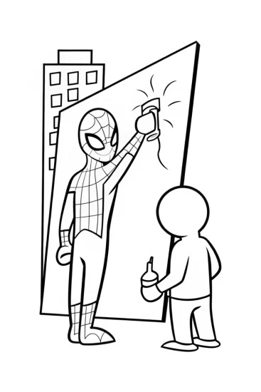 A coloring page of Miles Morales creating vibrant street art