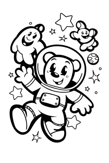 A coloring page of JJ the cheerful astronaut in space
