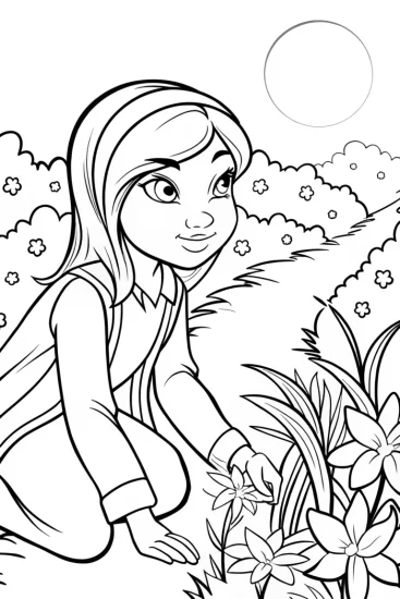 A coloring page of Jasmine and the Celestial Garden Coloring Page