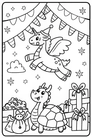 A coloring page of Christmas Parade of Fantasy Animals Coloring Page