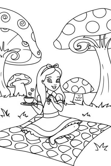A coloring page of Alice’s Musical Tea Party Coloring Page