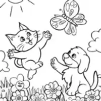 Kitten and Puppy in the Garden Coloring Page