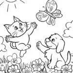 Kitten and Puppy in the Garden Coloring Page