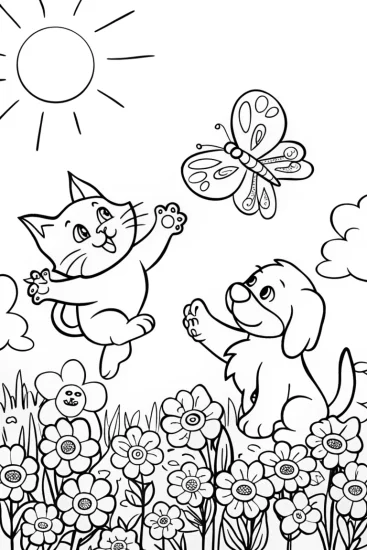 A coloring page of Kitten and Puppy in the Garden Coloring Page