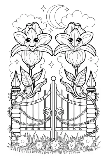 A coloring page of Flower Guardians at the Enchanted Gate