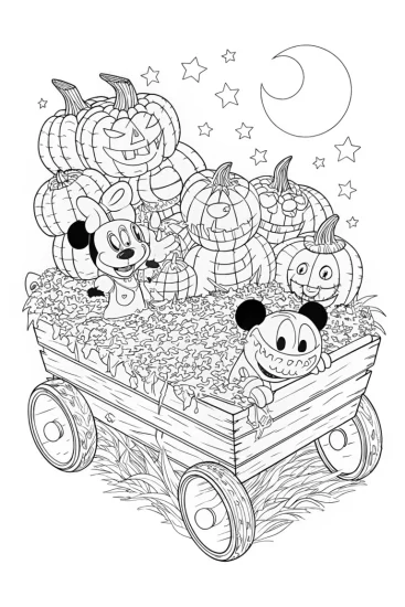 A coloring page of Mickey Mouse Halloween Hayride Coloring Page
