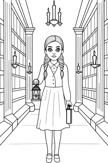 A coloring page of Wednesday Addams in a Maze