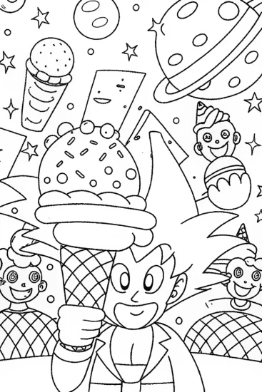 A coloring page of Goku’s Cosmic Ice Cream Challenge Coloring Page