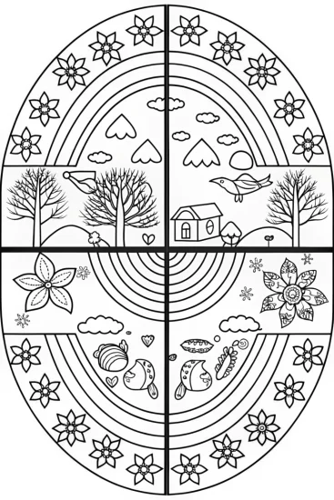 A coloring page of Rainbow Adventure Through the Seasons Coloring Page